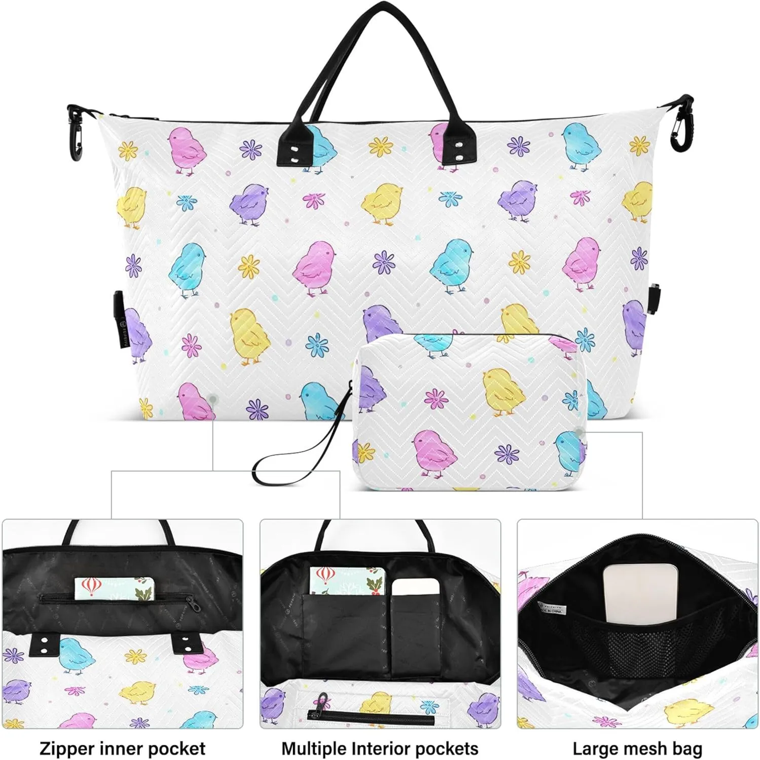 Cute Easter Chickens Colorful Duffel Bag Womens Makeup Pouch Set, Fun Women Luggage Set Duffel for Traveling