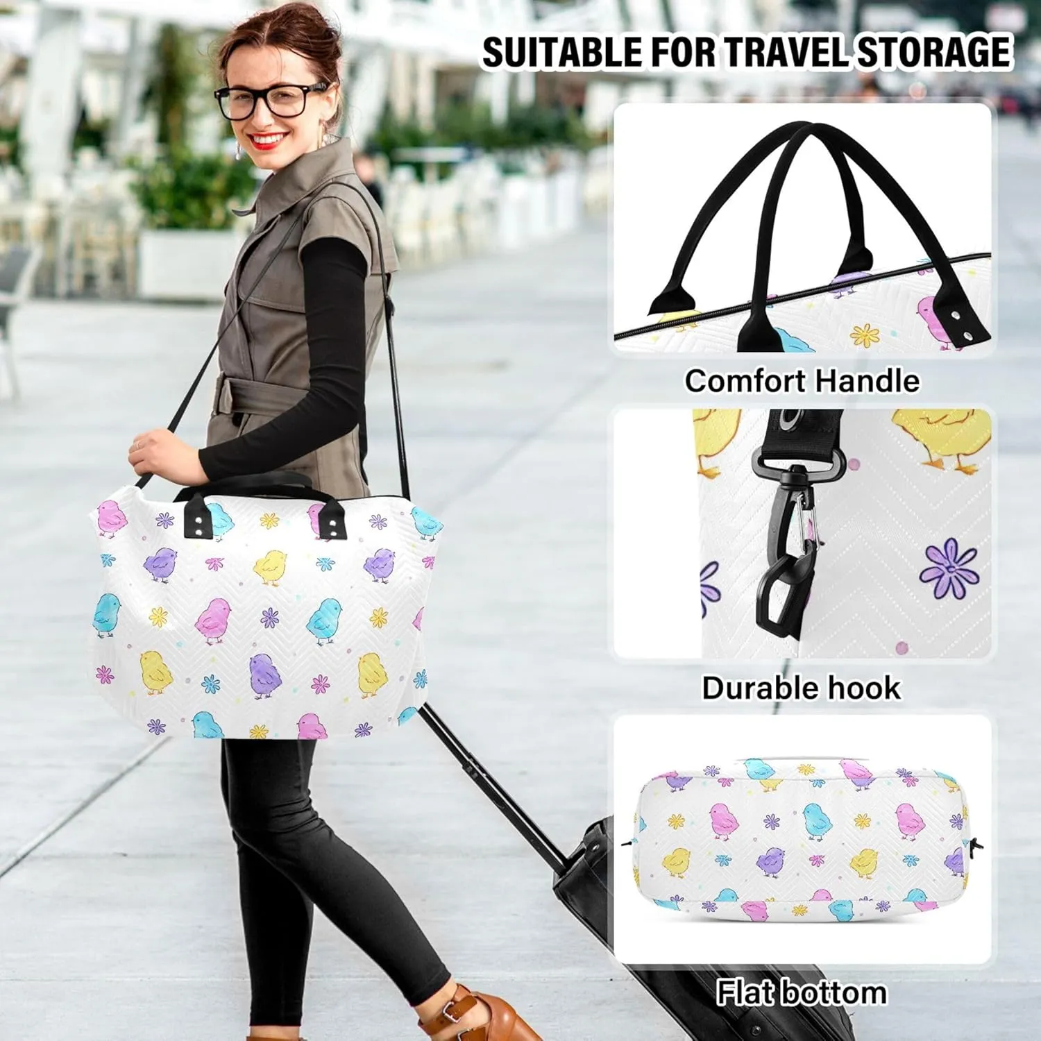 Cute Easter Chickens Colorful Duffel Bag Womens Makeup Pouch Set, Fun Women Luggage Set Duffel for Traveling
