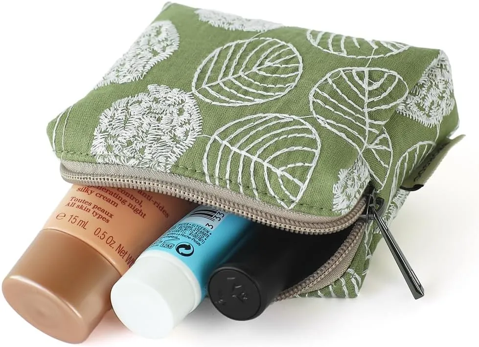 Cute Floral Cotton Embroidered Makeup Bag - Portable Cosmetic Pouch & Toiletry Organizer for Women, Small Zipper Purse for Skincare Storage, Travel Makeup Case or Coin Purse