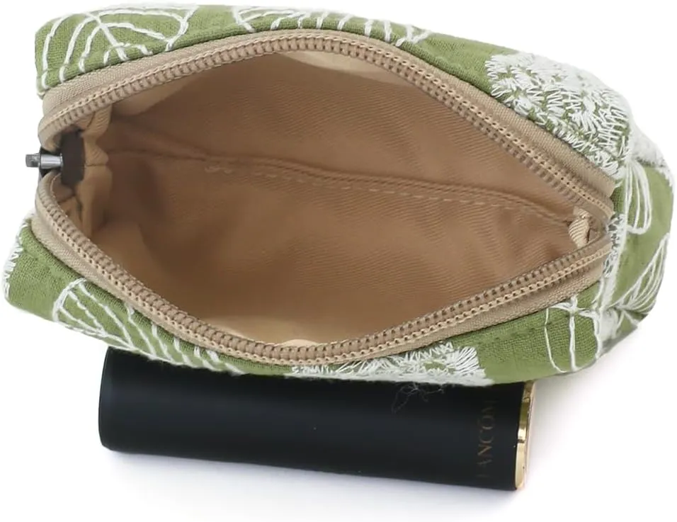 Cute Floral Cotton Embroidered Makeup Bag - Portable Cosmetic Pouch & Toiletry Organizer for Women, Small Zipper Purse for Skincare Storage, Travel Makeup Case or Coin Purse