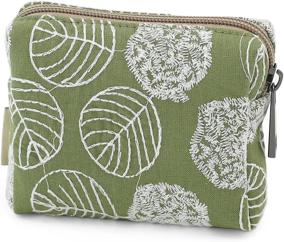 Cute Floral Cotton Embroidered Makeup Bag - Portable Cosmetic Pouch & Toiletry Organizer for Women, Small Zipper Purse for Skincare Storage, Travel Makeup Case or Coin Purse