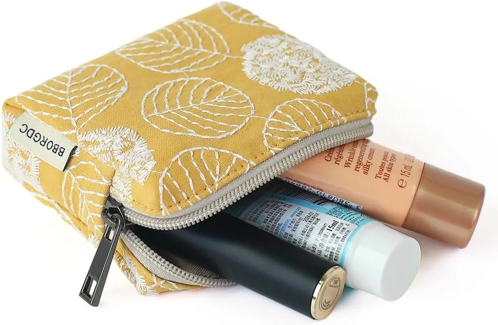 Cute Floral Cotton Embroidered Makeup Bag - Portable Cosmetics Pouch & Toiletry Organizer for Women, Small Zipper Purse for Skincare Storage, Compact Travel Make Up Case with Coin Pocket
