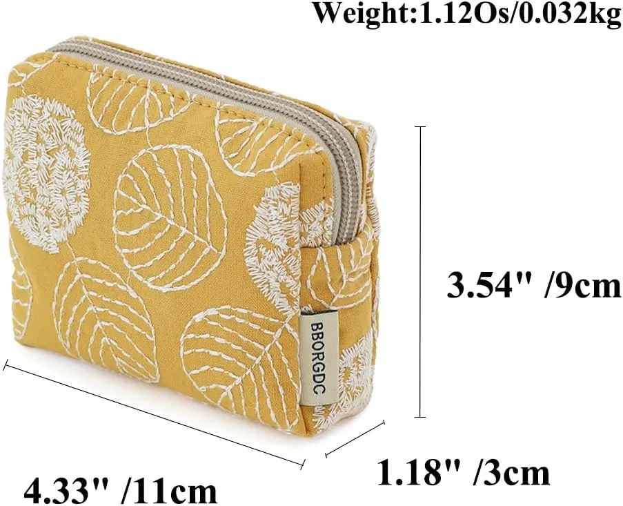 Cute Floral Cotton Embroidered Makeup Bag - Portable Cosmetics Pouch & Toiletry Organizer for Women, Small Zipper Purse for Skincare Storage, Compact Travel Make Up Case with Coin Pocket