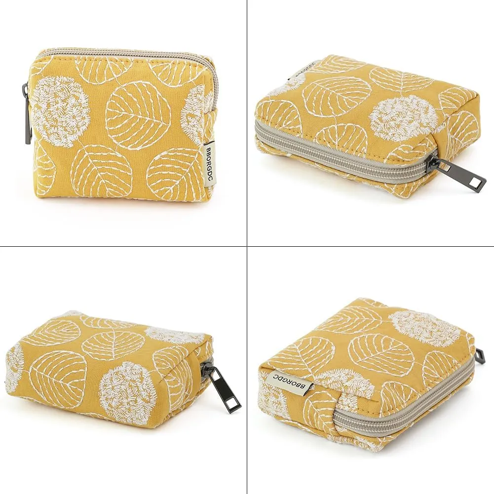 Cute Floral Cotton Embroidered Makeup Bag - Portable Cosmetics Pouch & Toiletry Organizer for Women, Small Zipper Purse for Skincare Storage, Compact Travel Make Up Case with Coin Pocket
