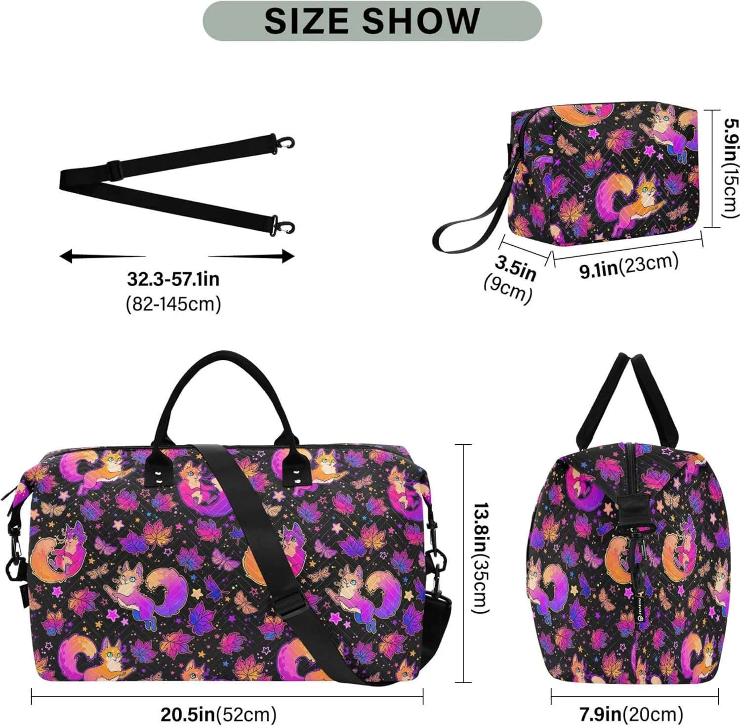 Cute Fluffy Cats Duffle Travel Bags Toiletry Pouches Set, Floral Womens Small Duffel Bag Weekend Bag Duffel