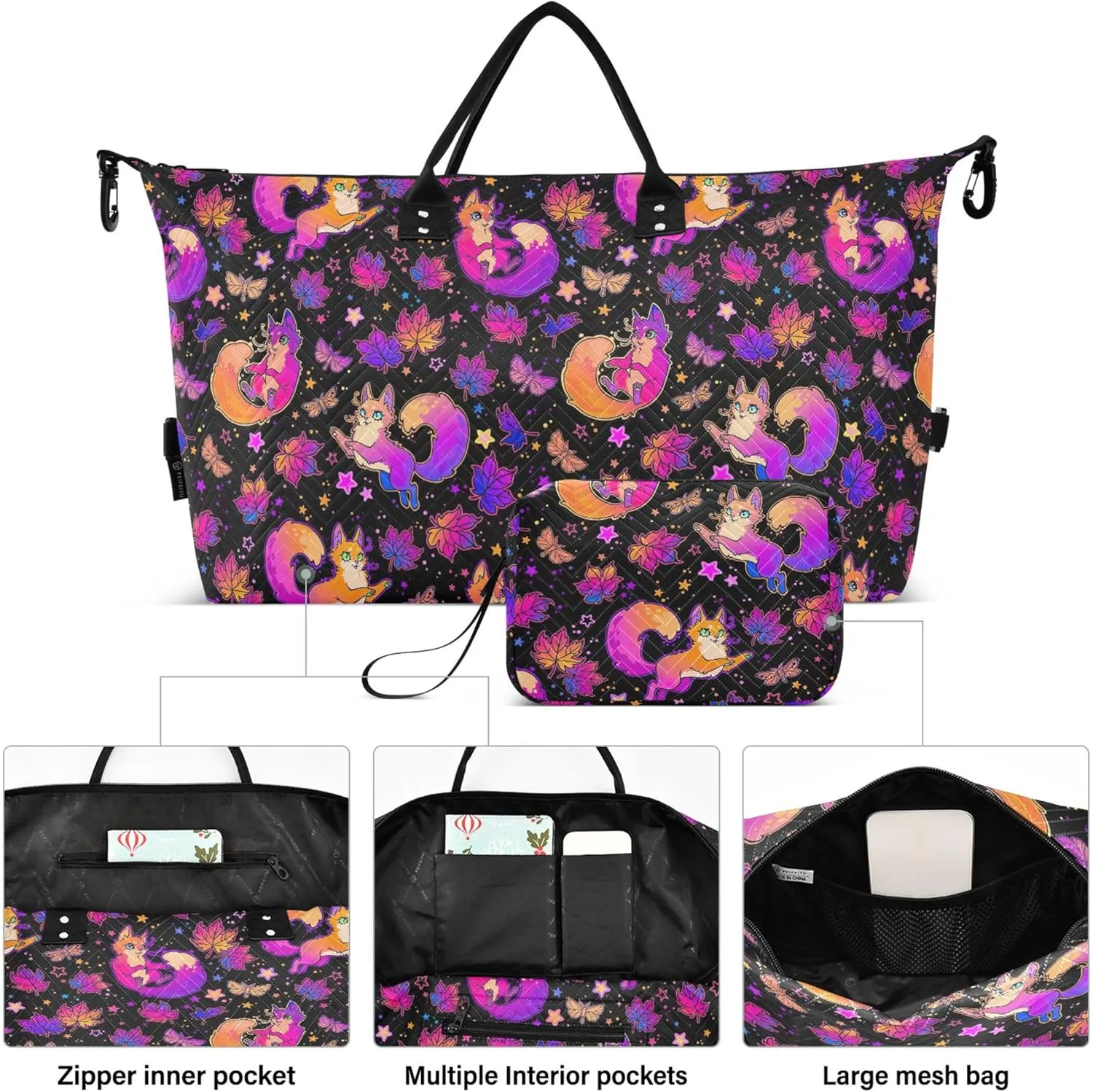 Cute Fluffy Cats Duffle Travel Bags Toiletry Pouches Set, Floral Womens Small Duffel Bag Weekend Bag Duffel
