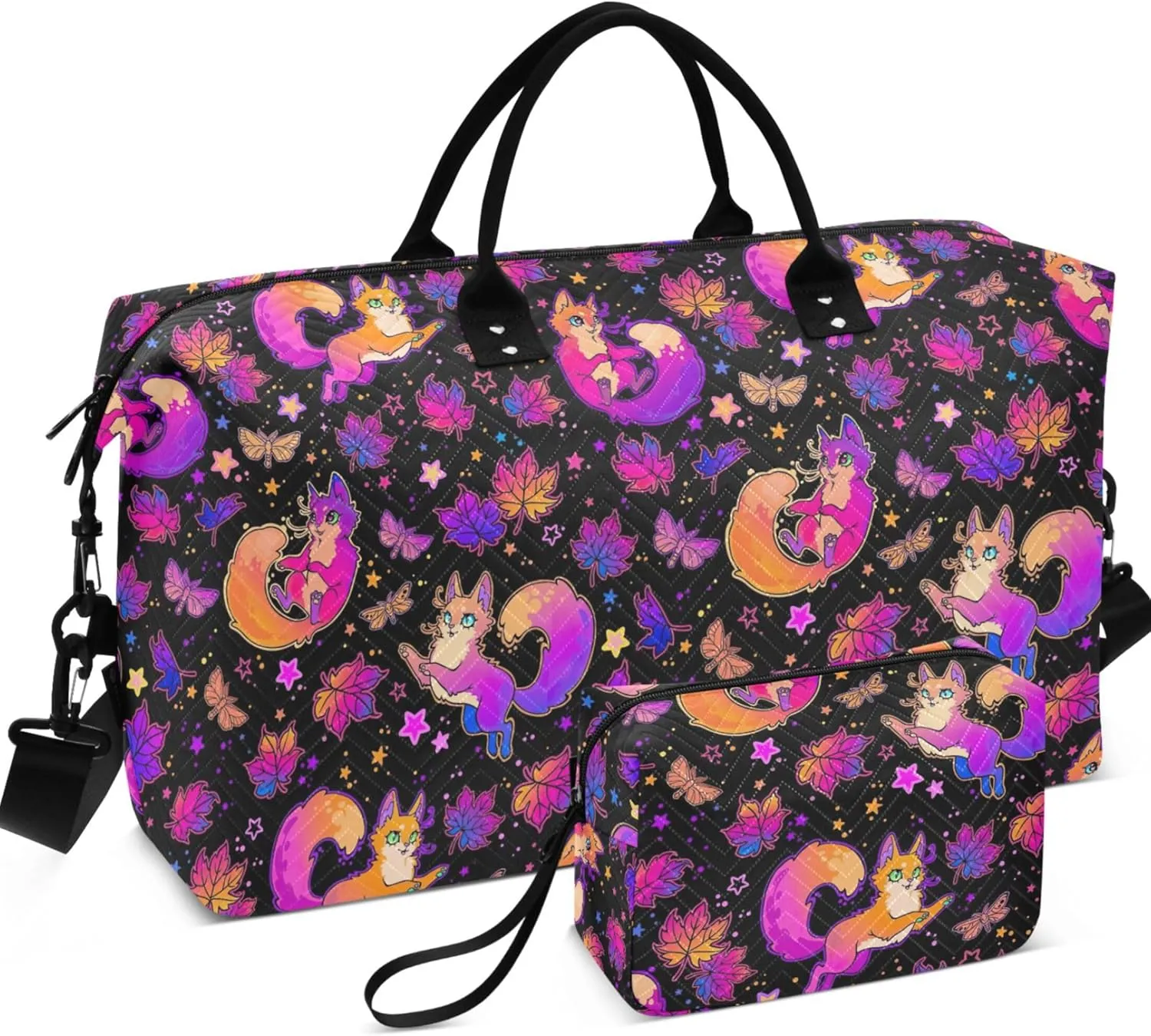 Cute Fluffy Cats Duffle Travel Bags Toiletry Pouches Set, Floral Womens Small Duffel Bag Weekend Bag Duffel
