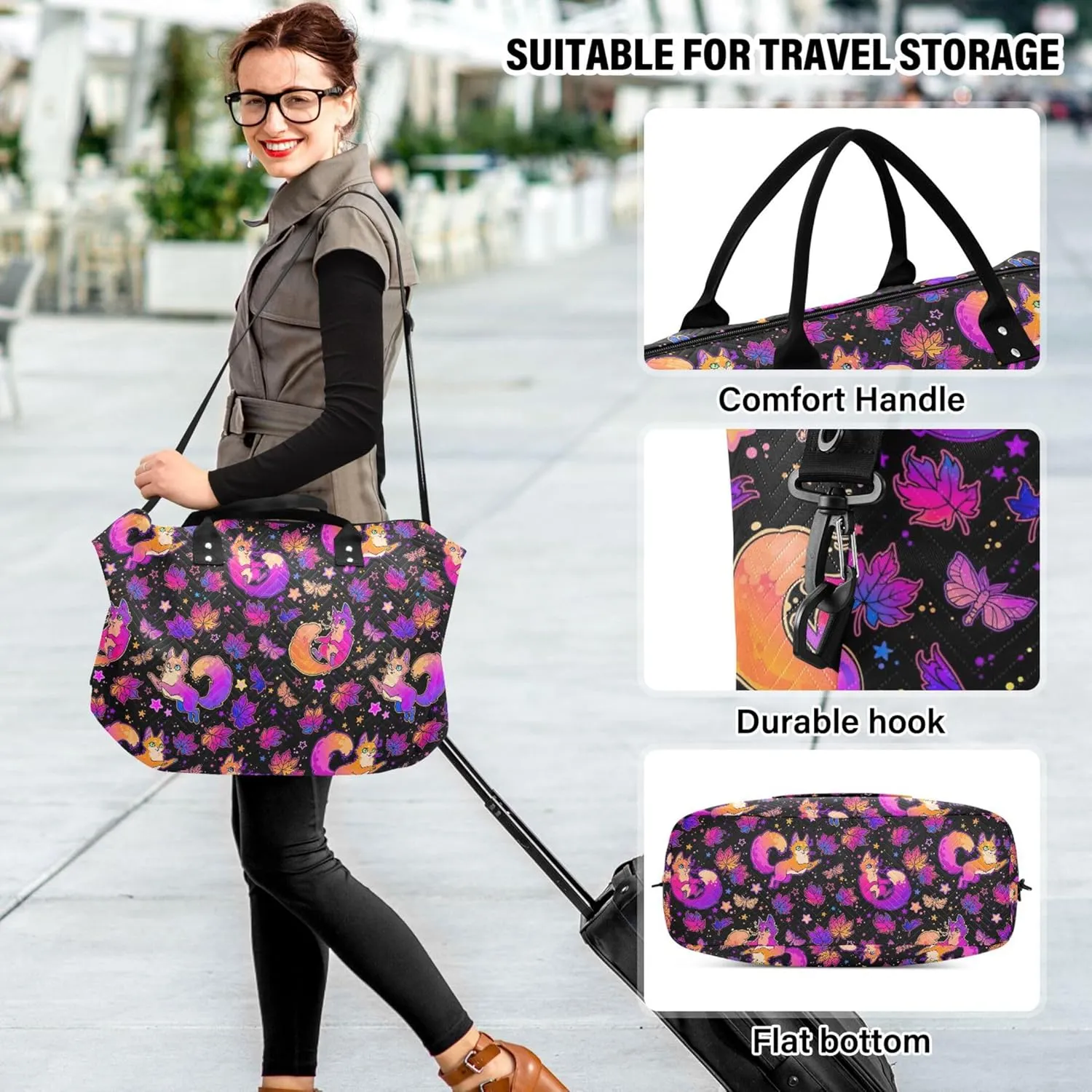 Cute Fluffy Cats Duffle Travel Bags Toiletry Pouches Set, Floral Womens Small Duffel Bag Weekend Bag Duffel