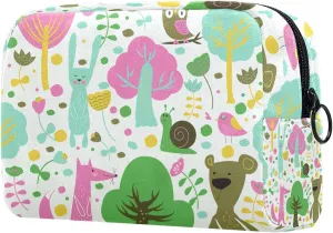 Cute Forest Animals Flowers and Trees Cosmetic Makeup Bags, Small Travel Zipper Pouch Portable Toiletry Bag Makeup Organizer for Women Teen Girls