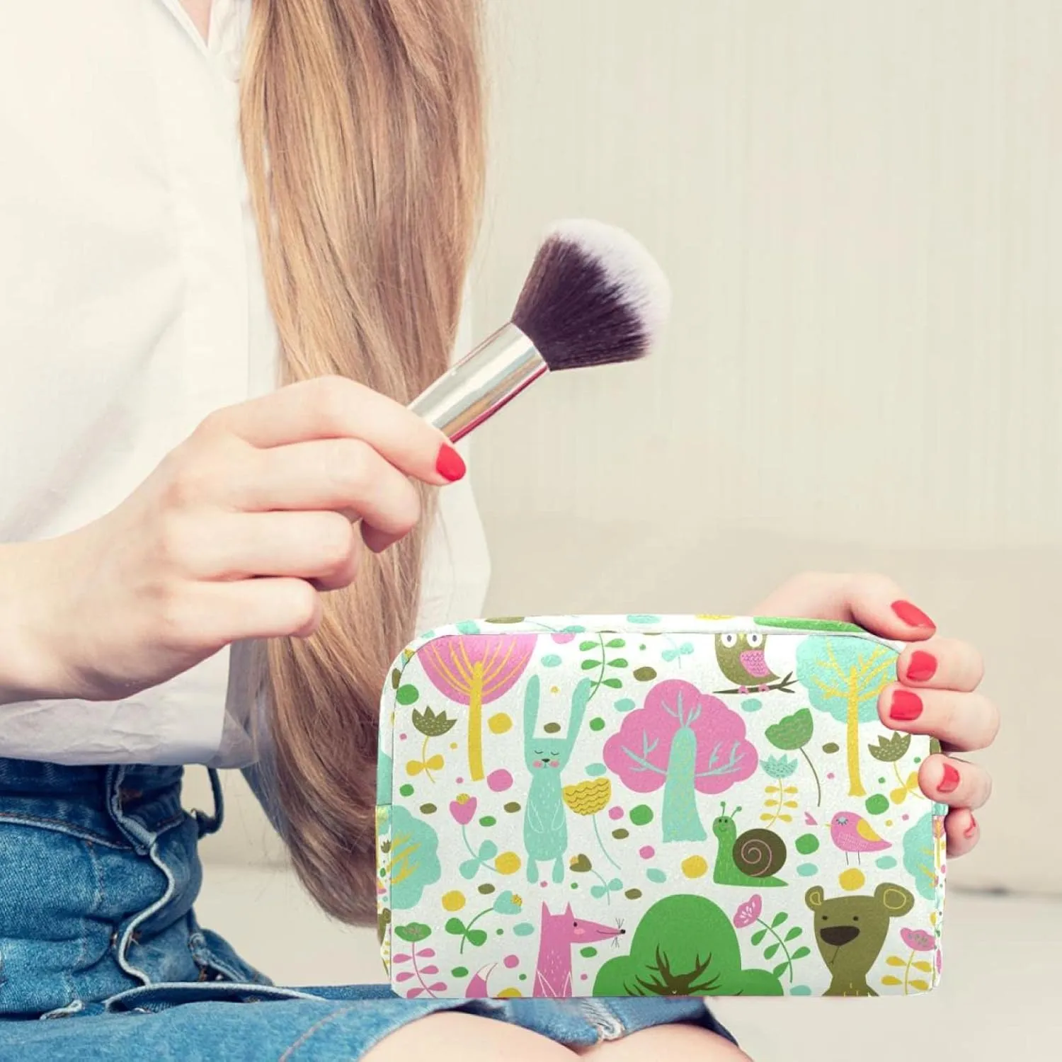 Cute Forest Animals Flowers and Trees Cosmetic Makeup Bags, Small Travel Zipper Pouch Portable Toiletry Bag Makeup Organizer for Women Teen Girls