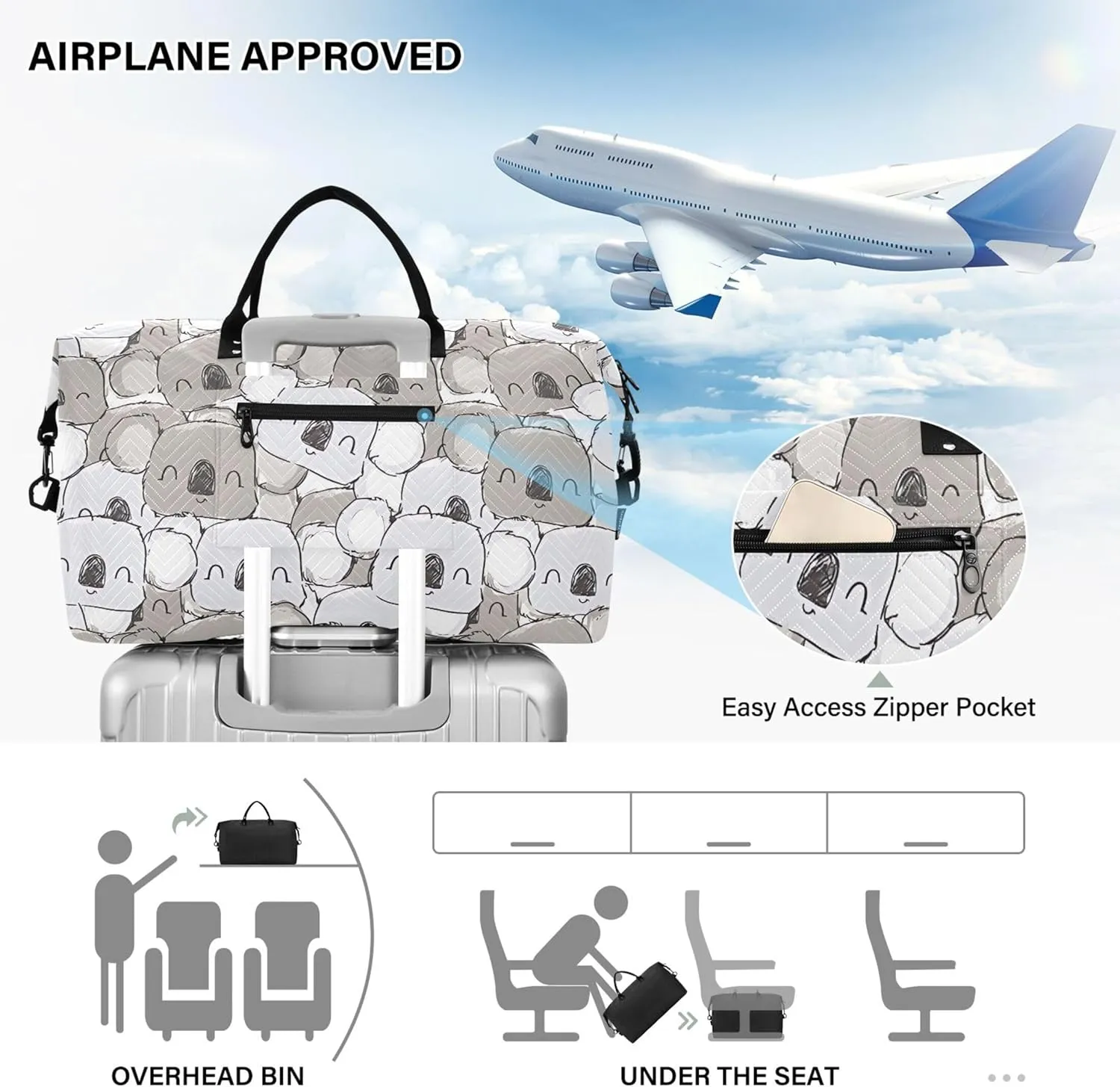Cute Koala Stock Duffle Bag Women Travel Toiletry Bag Set, Prints Women Gym Tote Bags Carry on Duffel Bag