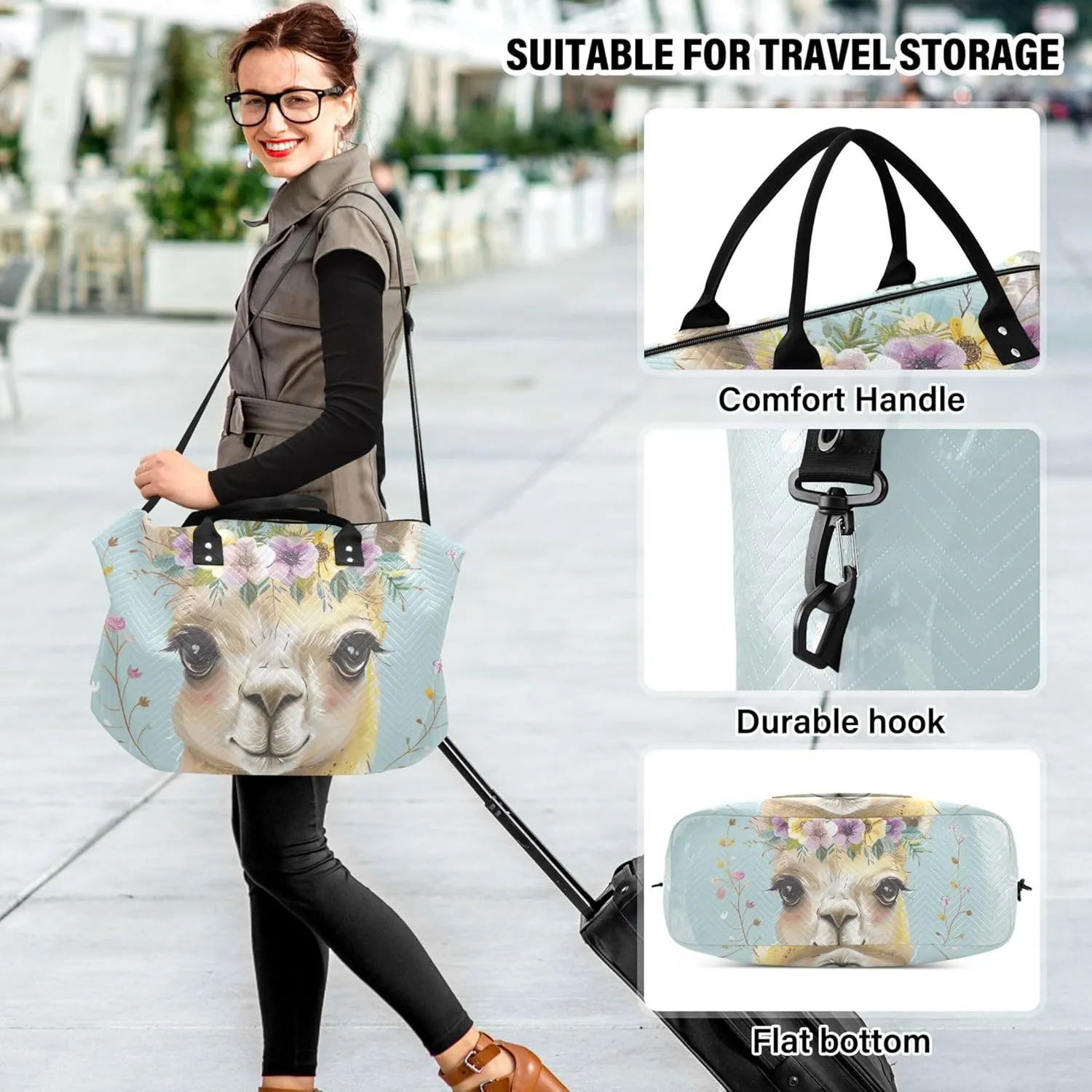 Cute Llama Flowers Duffle Travel Bags Toiletry Bag Set of 2, Flower Luggage Set Weekender Bags