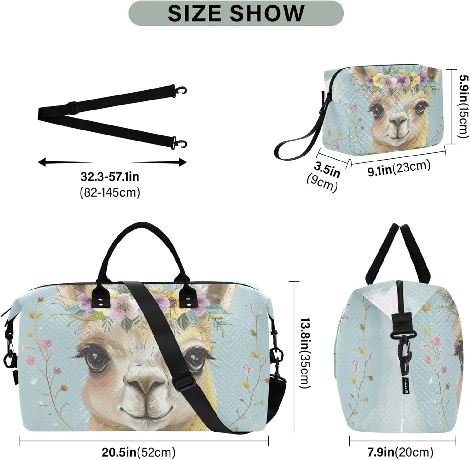 Cute Llama Flowers Duffle Travel Bags Toiletry Bag Set of 2, Flower Luggage Set Weekender Bags