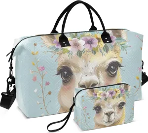 Cute Llama Flowers Duffle Travel Bags Toiletry Bag Set of 2, Flower Luggage Set Weekender Bags
