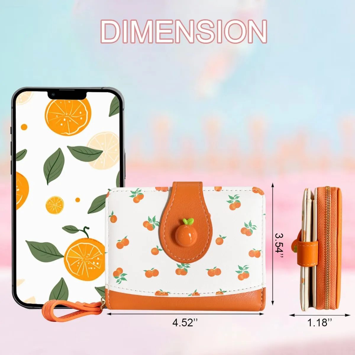 Cute Print Wallet Blueberry Strawberry Cherry Wallet with Credit Card Holder Zipper Coin Purse for Women Girls (ORANGE)