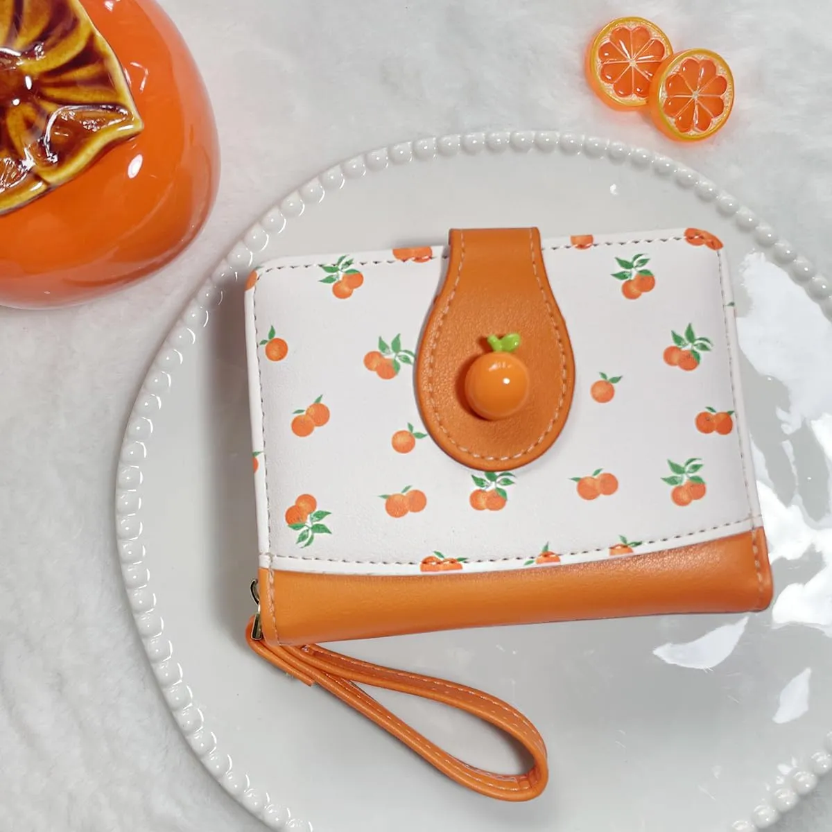 Cute Print Wallet Blueberry Strawberry Cherry Wallet with Credit Card Holder Zipper Coin Purse for Women Girls (ORANGE)