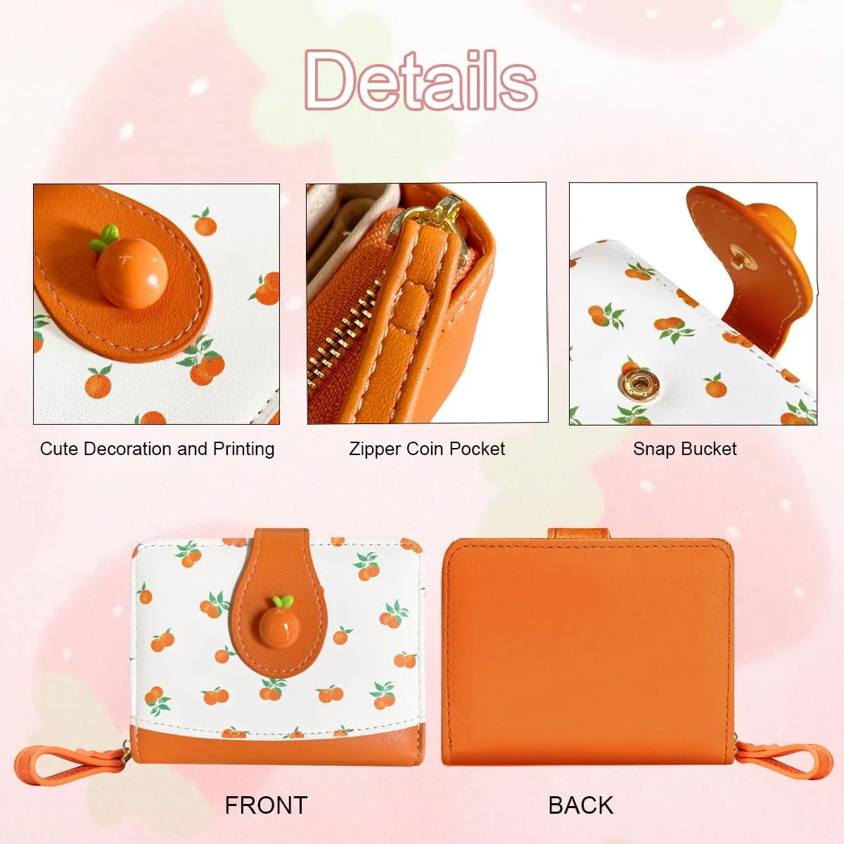 Cute Print Wallet Blueberry Strawberry Cherry Wallet with Credit Card Holder Zipper Coin Purse for Women Girls (ORANGE)