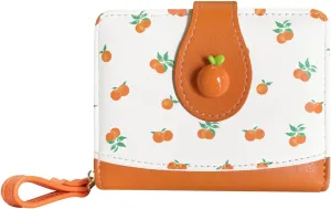 Cute Print Wallet Blueberry Strawberry Cherry Wallet with Credit Card Holder Zipper Coin Purse for Women Girls (ORANGE)