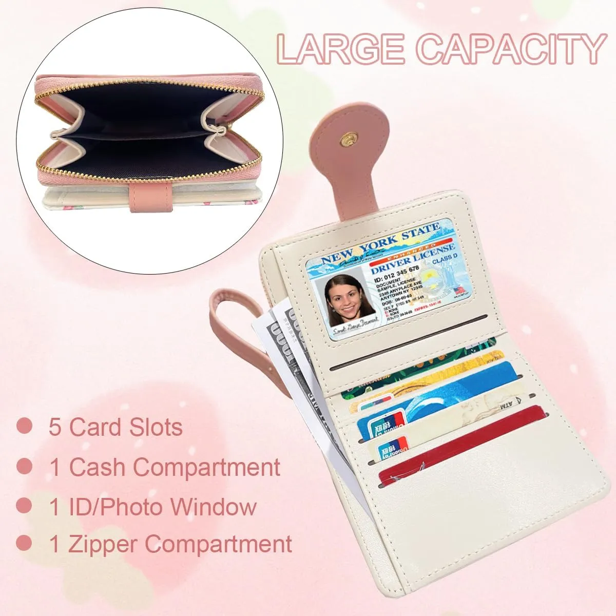 Cute Print Wallet Blueberry Strawberry Cherry Wallet with Credit Card Holder Zipper Coin Purse for Women Girls (PINKK)