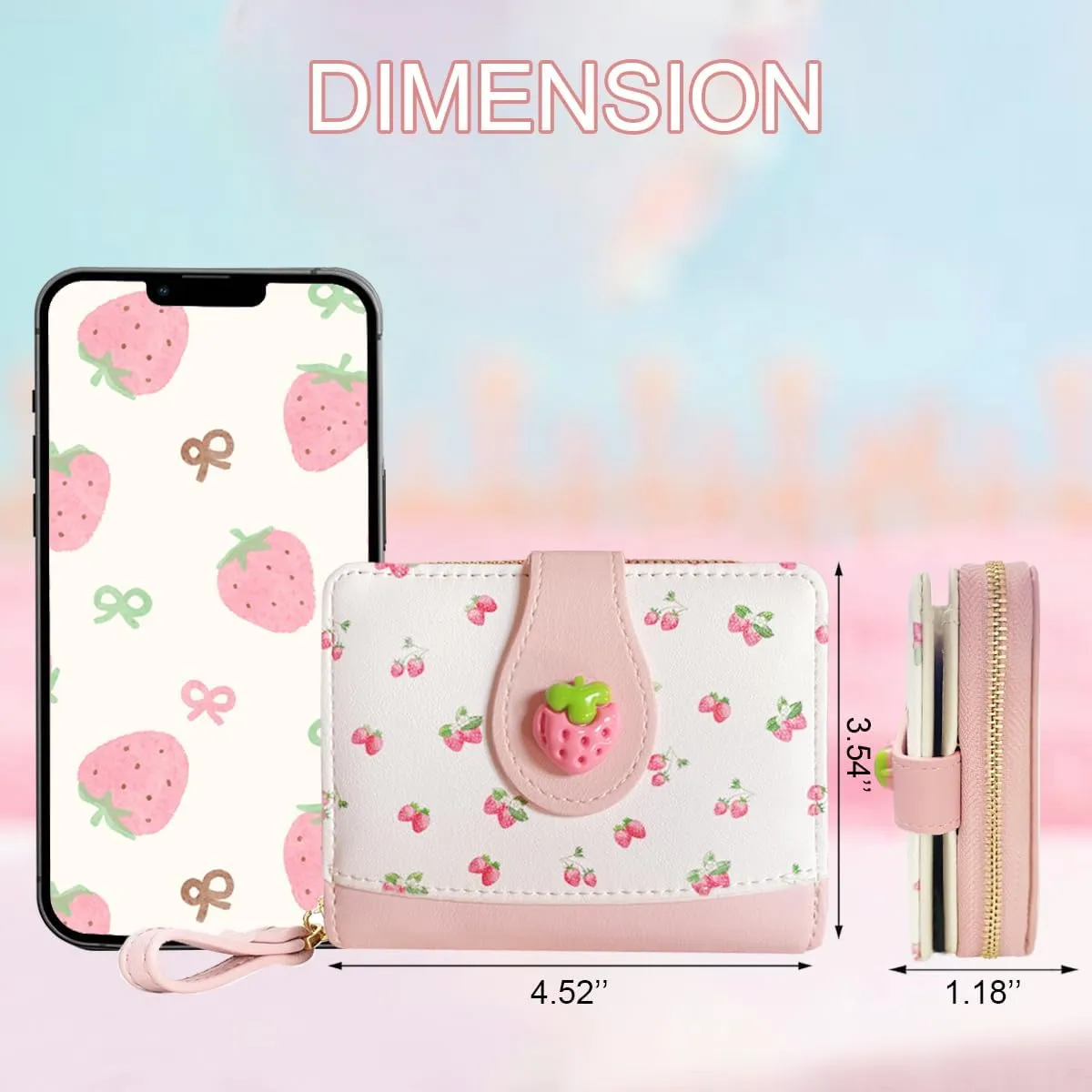 Cute Print Wallet Blueberry Strawberry Cherry Wallet with Credit Card Holder Zipper Coin Purse for Women Girls (PINKK)