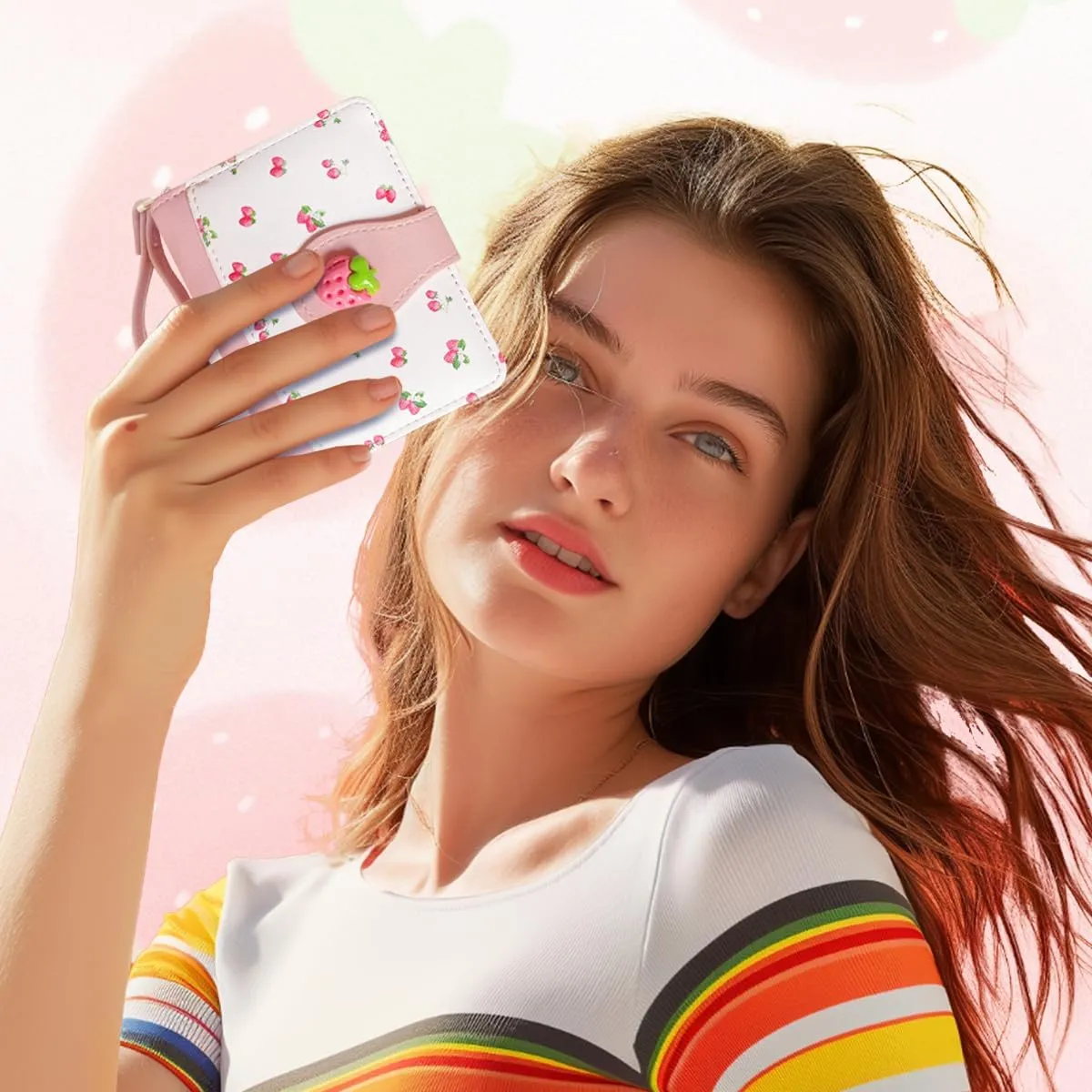 Cute Print Wallet Blueberry Strawberry Cherry Wallet with Credit Card Holder Zipper Coin Purse for Women Girls (PINKK)