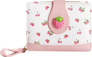 Cute Print Wallet Blueberry Strawberry Cherry Wallet with Credit Card Holder Zipper Coin Purse for Women Girls (PINKK)