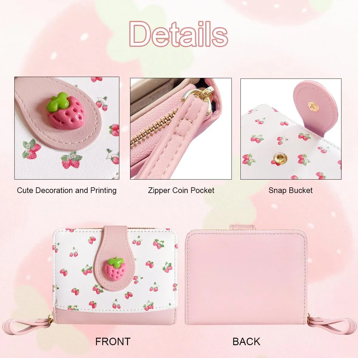 Cute Print Wallet Blueberry Strawberry Cherry Wallet with Credit Card Holder Zipper Coin Purse for Women Girls (PINKK)
