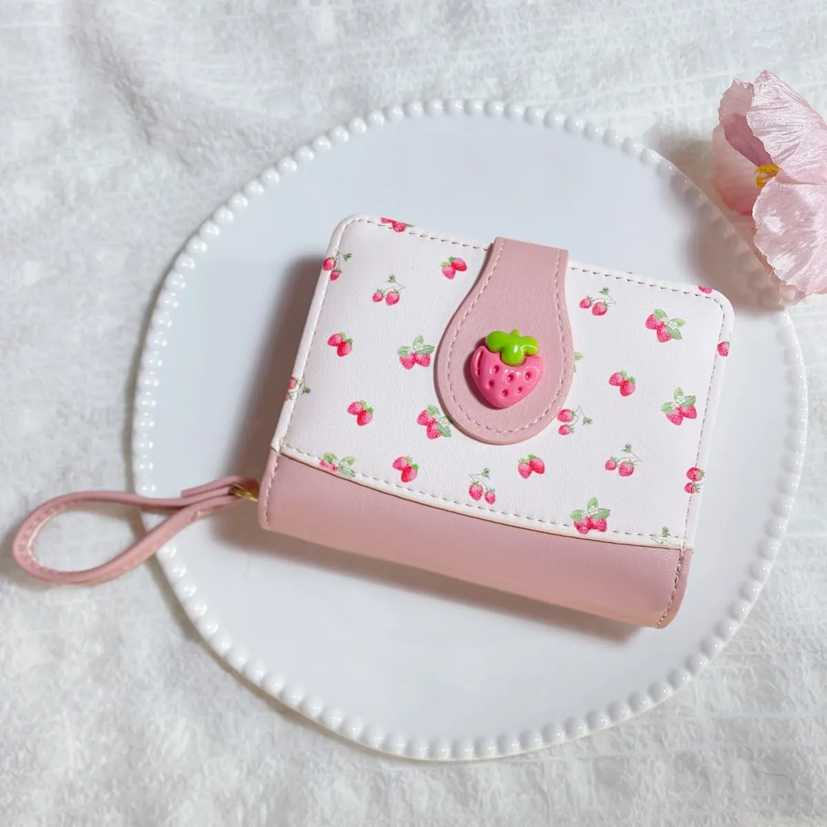 Cute Print Wallet Blueberry Strawberry Cherry Wallet with Credit Card Holder Zipper Coin Purse for Women Girls (PINKK)