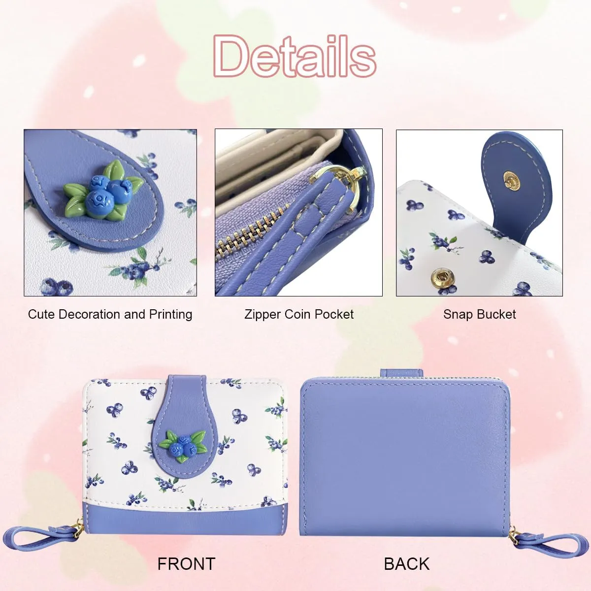 Cute Print Wallet Blueberry Strawberry Cherry Wallet with Credit Card Holder Zipper Coin Purse for Women Girls (PURPLE)