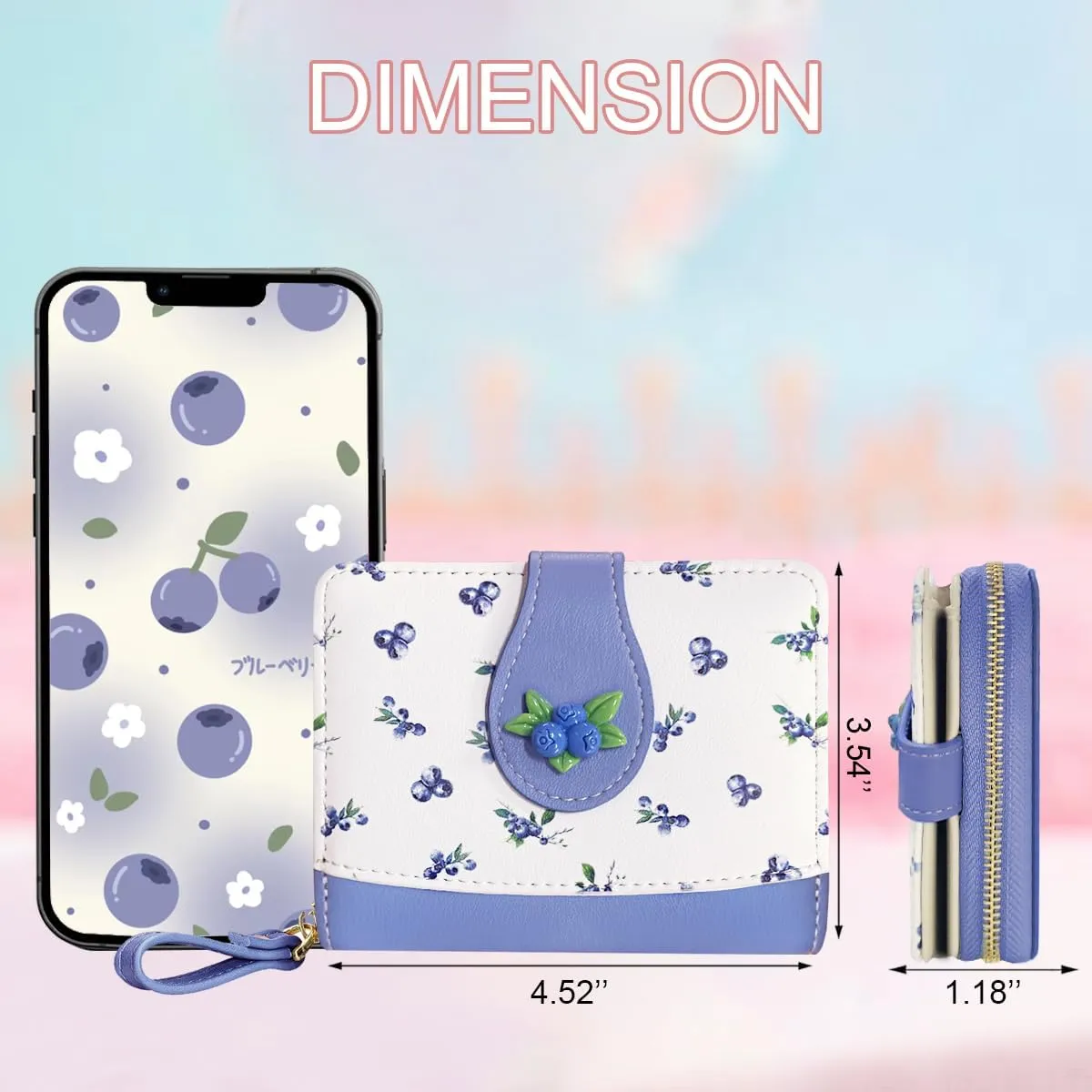 Cute Print Wallet Blueberry Strawberry Cherry Wallet with Credit Card Holder Zipper Coin Purse for Women Girls (PURPLE)