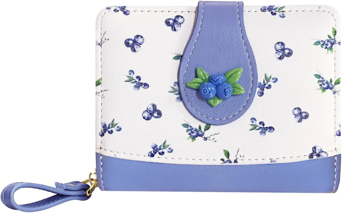 Cute Print Wallet Blueberry Strawberry Cherry Wallet with Credit Card Holder Zipper Coin Purse for Women Girls (PURPLE)