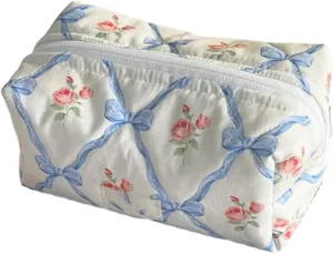 Cute Quilted Bow Y2k Makeup Bag Coquette Small Pouch Preppy Floral Heart Cosmetic Bag Toiletry Organizer Bag (Color04)