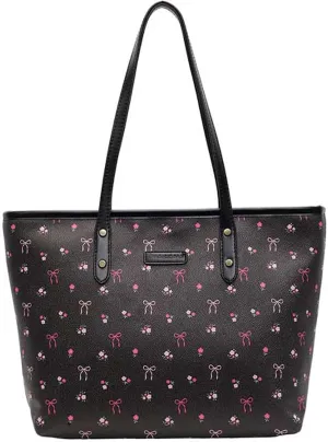 Cute Tote Bag Faux Leather Bow Cherry Shoulder Bag Large Floral Print Work Tote Handbag Trendy Pink Bowknot Purse