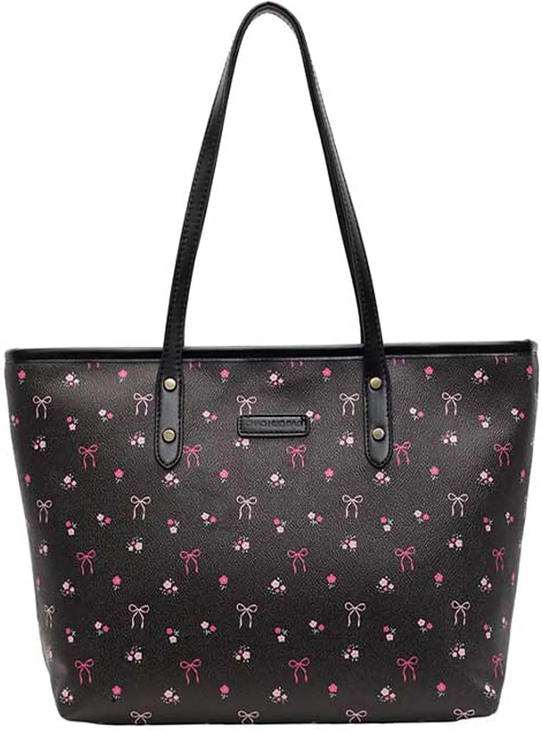 Cute Tote Bag Faux Leather Bow Cherry Shoulder Bag Large Floral Print Work Tote Handbag Trendy Pink Bowknot Purse