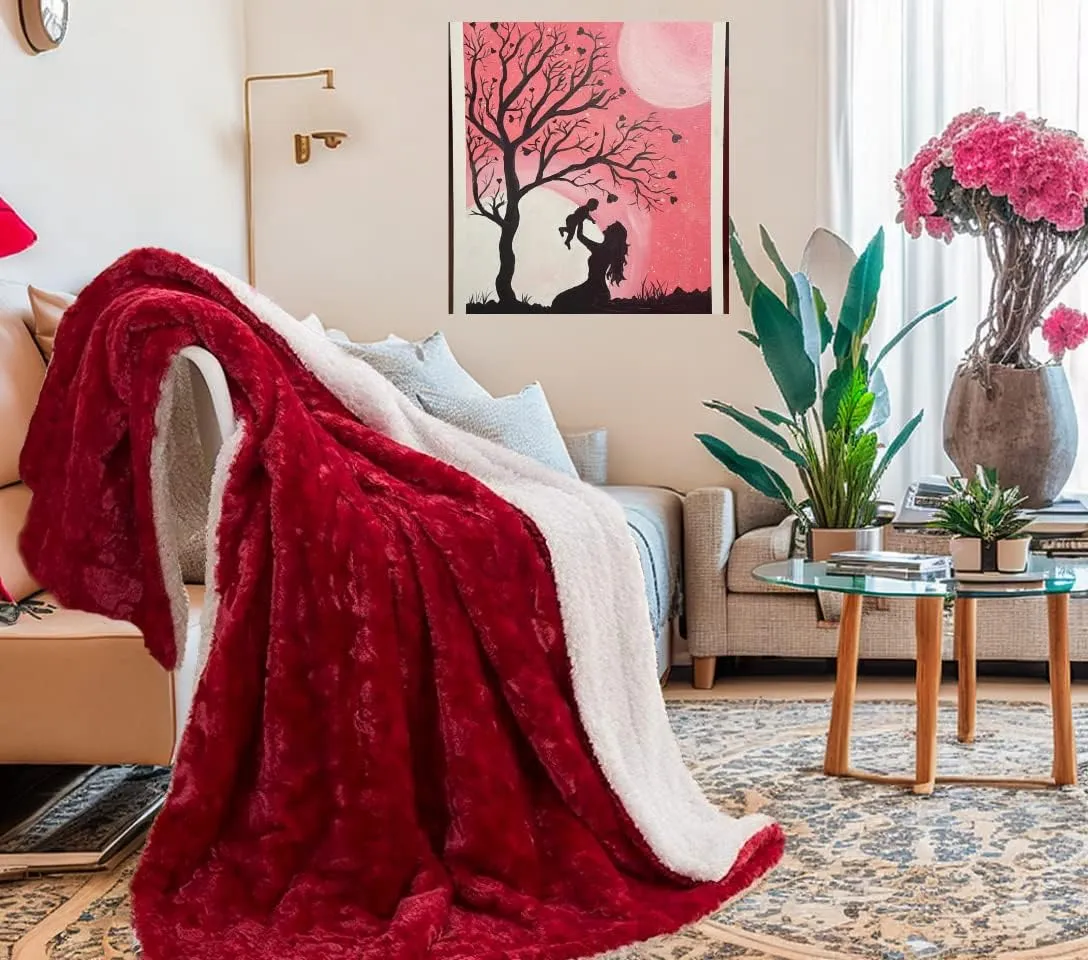 DaDa Bedding Valentine's Romantic Red Faux Fur Throw Blanket - Fluffy Lovely Hearts Plush Sherpa Backside Fleece for Lap or Sofa - Cuddly Gift for Her Embossed Solid Pomegranate Merlot - 50" x 60"