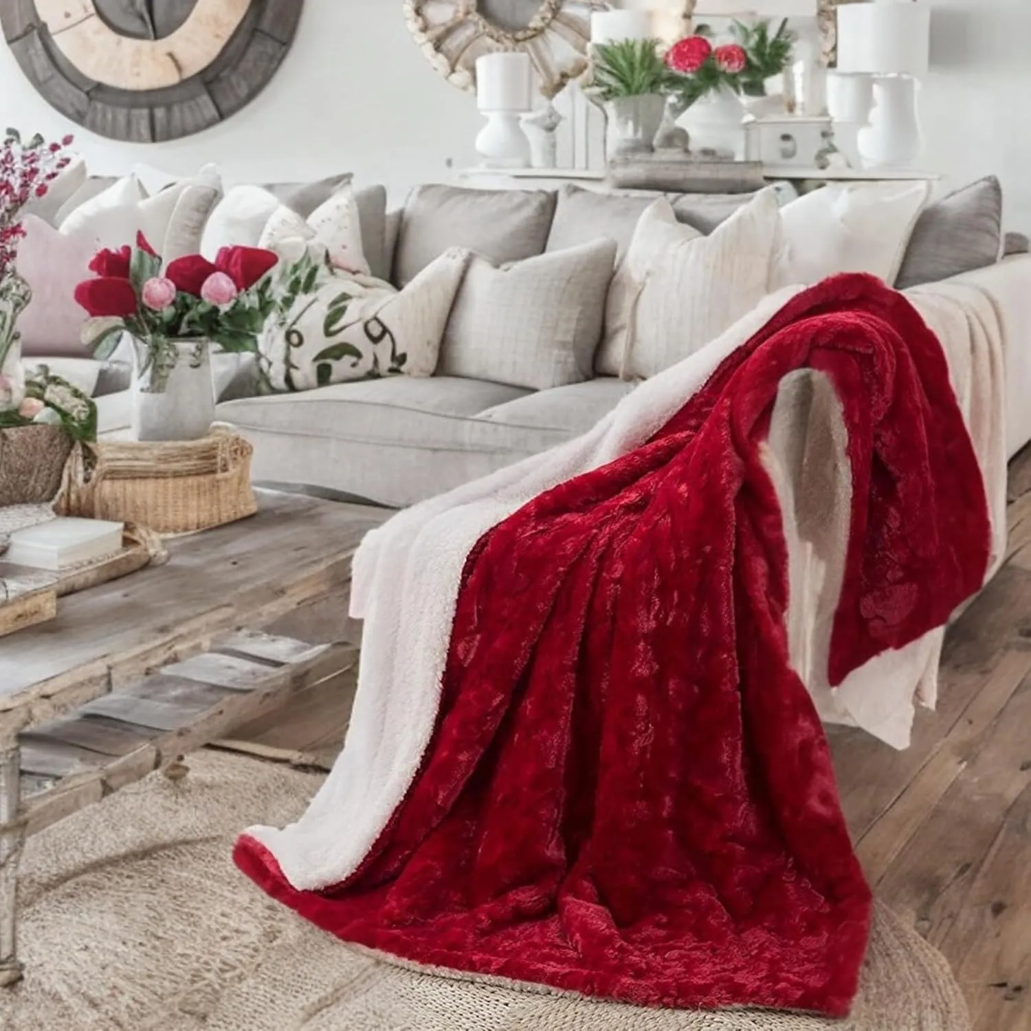 DaDa Bedding Valentine's Romantic Red Faux Fur Throw Blanket - Fluffy Lovely Hearts Plush Sherpa Backside Fleece for Lap or Sofa - Cuddly Gift for Her Embossed Solid Pomegranate Merlot - 50" x 60"