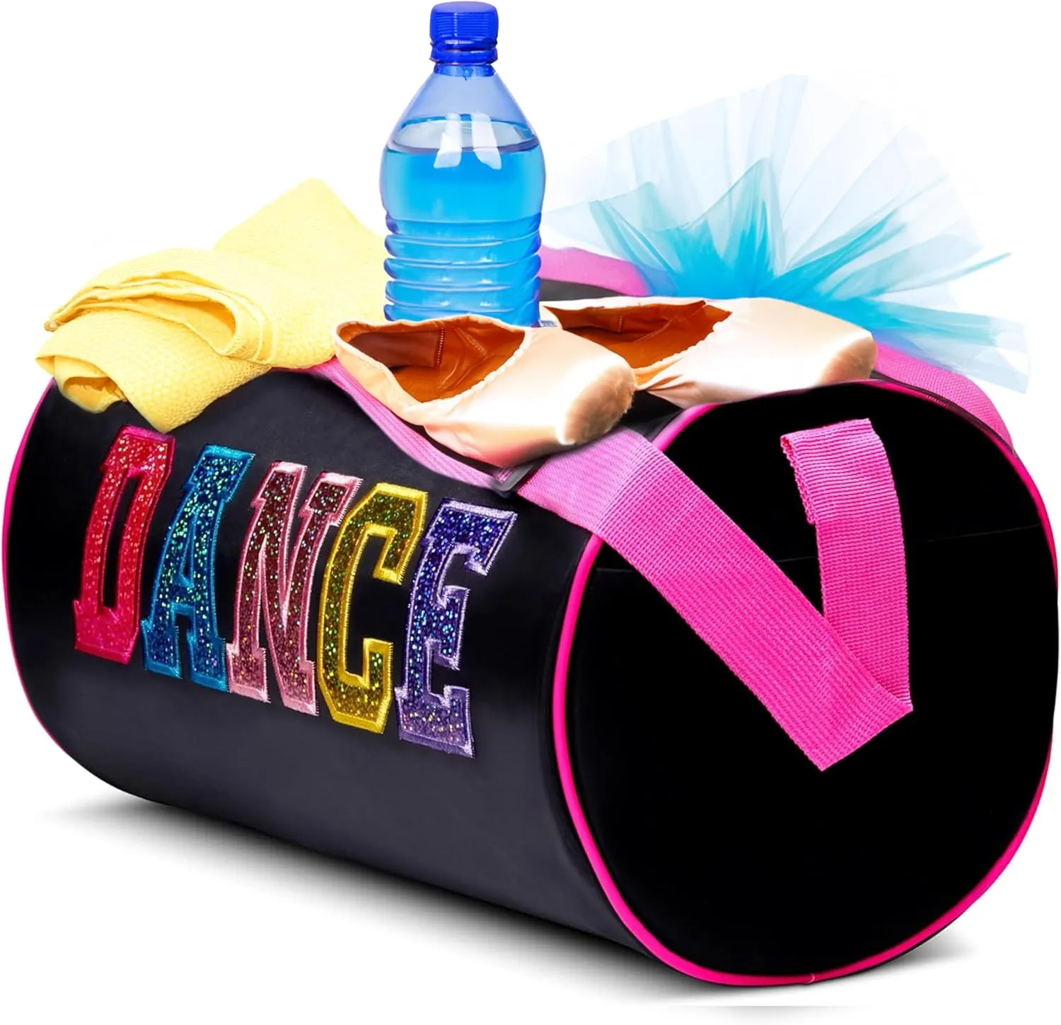 Dance Duffle Bag for Girls, Kids Travel Bag with Adjustable Carry on and Handy Pouch, Dance Accessories for Girls, Teens (Black/Multi)