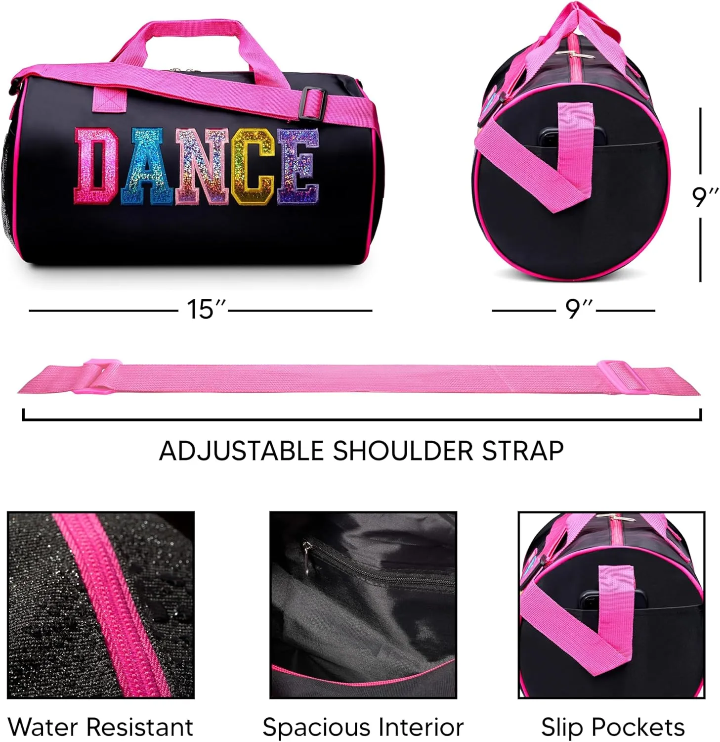 Dance Duffle Bag for Girls, Kids Travel Bag with Adjustable Carry on and Handy Pouch, Dance Accessories for Girls, Teens (Black/Multi)