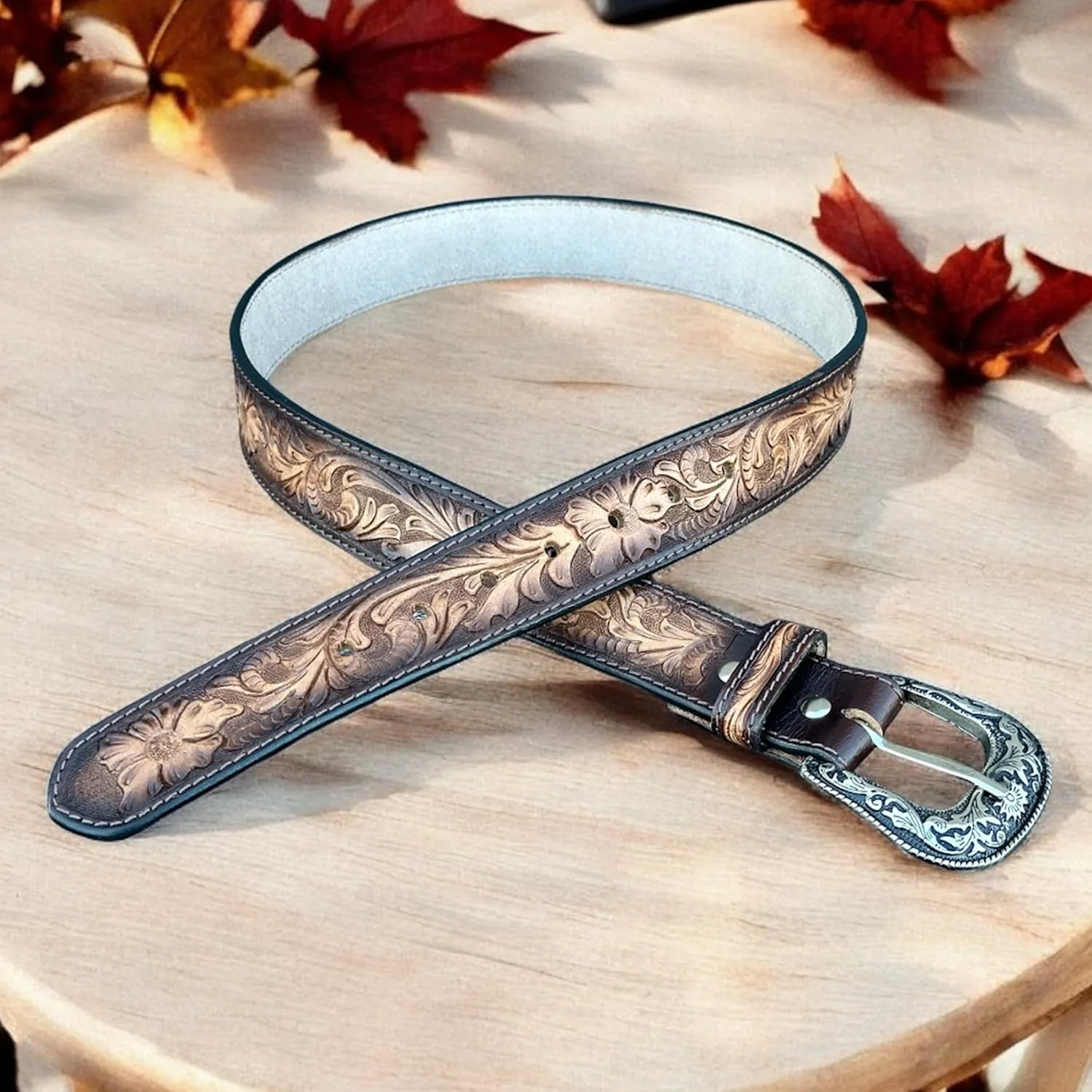DANIEL'S ARTPLANET Western Belt for Men Full Grain One Piece Leather Belt Tooled Handmade with Buckle Engraved 1.5” Wide