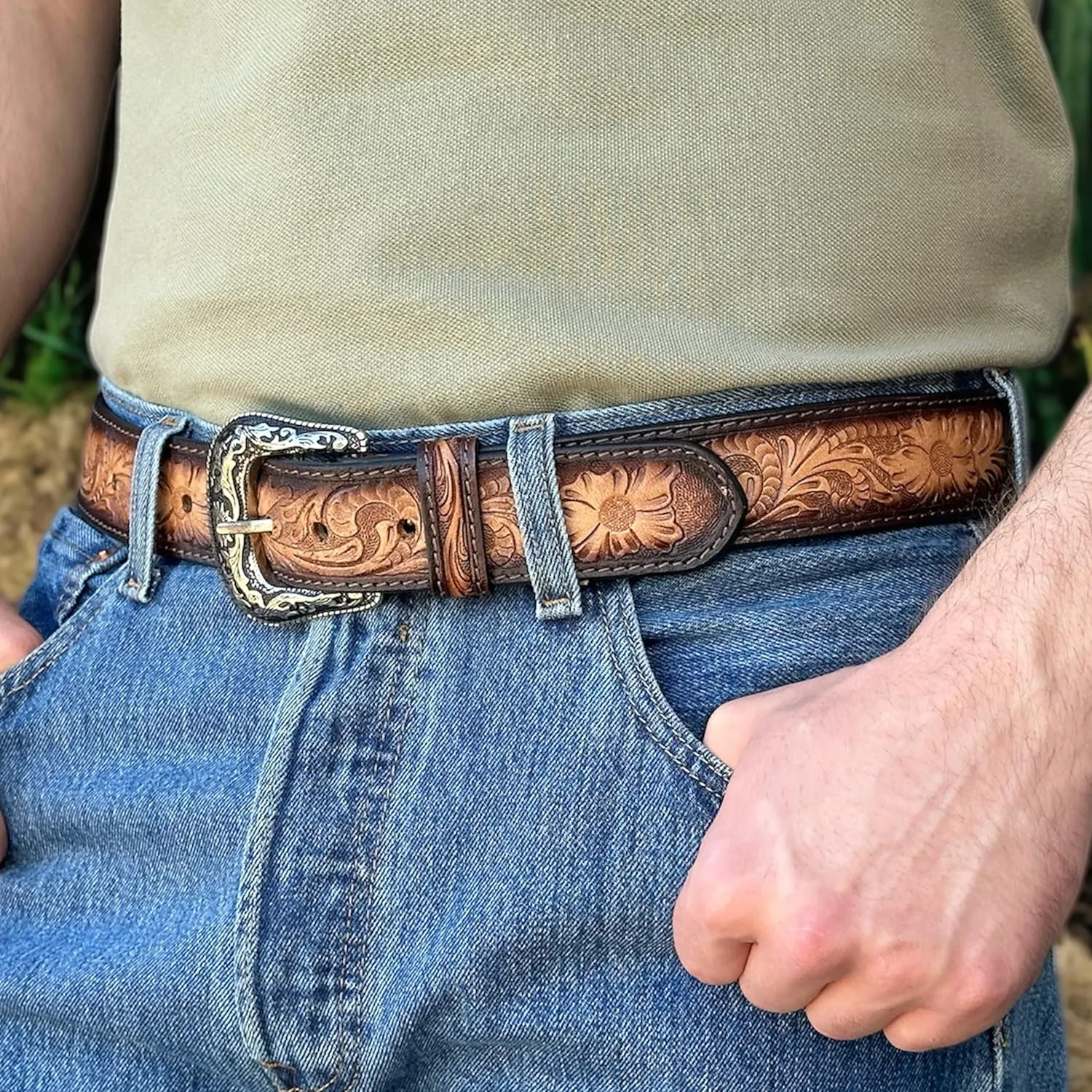 DANIEL'S ARTPLANET Western Belt for Men Full Grain One Piece Leather Belt Tooled Handmade with Buckle Engraved 1.5” Wide