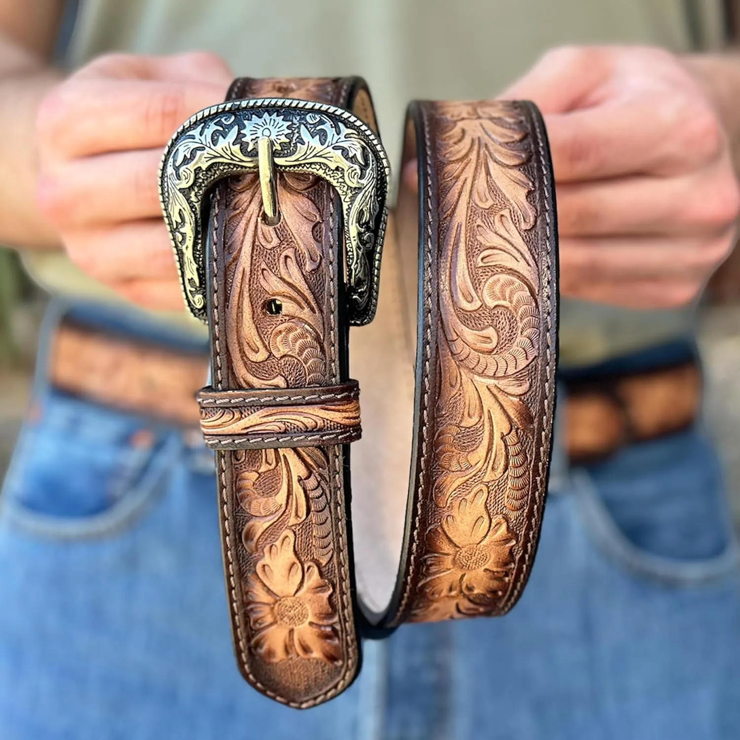 DANIEL'S ARTPLANET Western Belt for Men Full Grain One Piece Leather Belt Tooled Handmade with Buckle Engraved 1.5” Wide