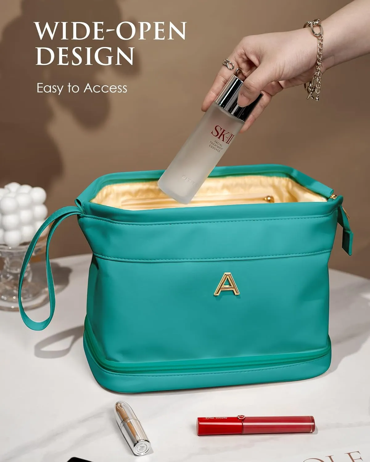 Daughter Birthday Gift for Her, Makeup Bags, Waterproof Double Layer Cosmetic Bag, Large Capacity PU Leather Makeup Bags Letter Travel Toiletry Bag, Initial Gifts for Coworkers
