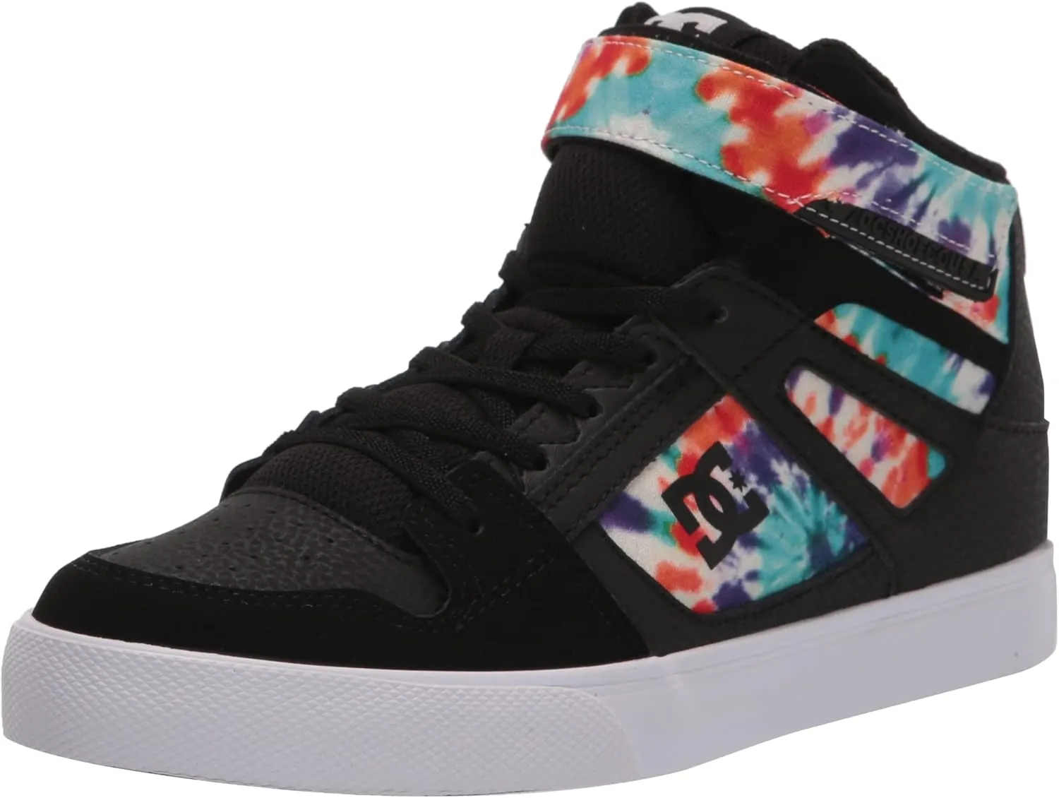 DC Boy's Pure High Top EV Skate Shoes with Ankle Strap and Elastic Laces, Black/White Print, 10.5 Big Kid
