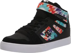 DC Boy's Pure High Top EV Skate Shoes with Ankle Strap and Elastic Laces, Black/White Print, 10.5 Big Kid