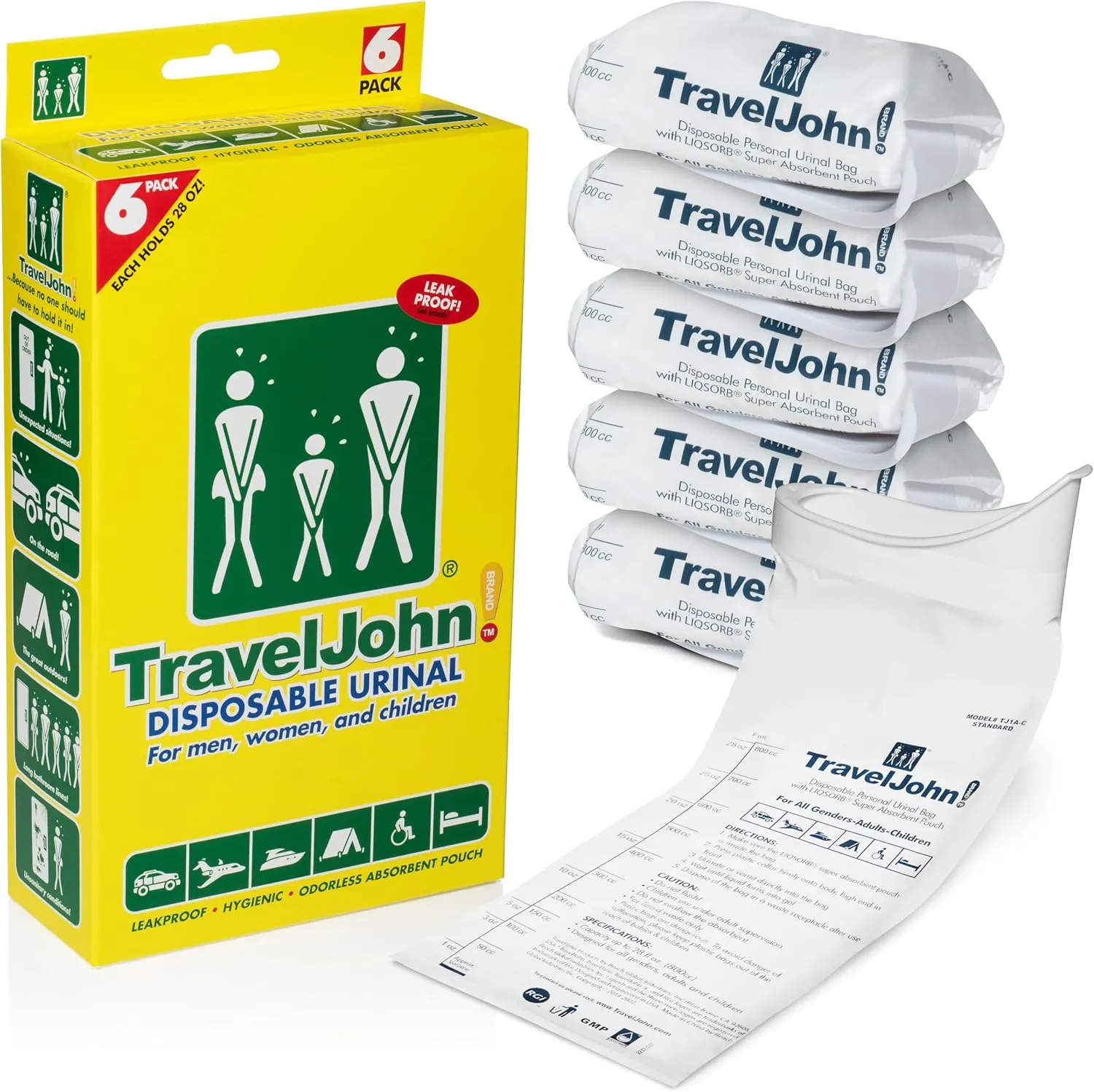 Disposable Urinal for All Genders, Adults, and Children (6 Pack) Designed for Emergencies, Travel, Camping, Long Car Rides, and More - 28oz/800ml Capacity (TJ1A-C)