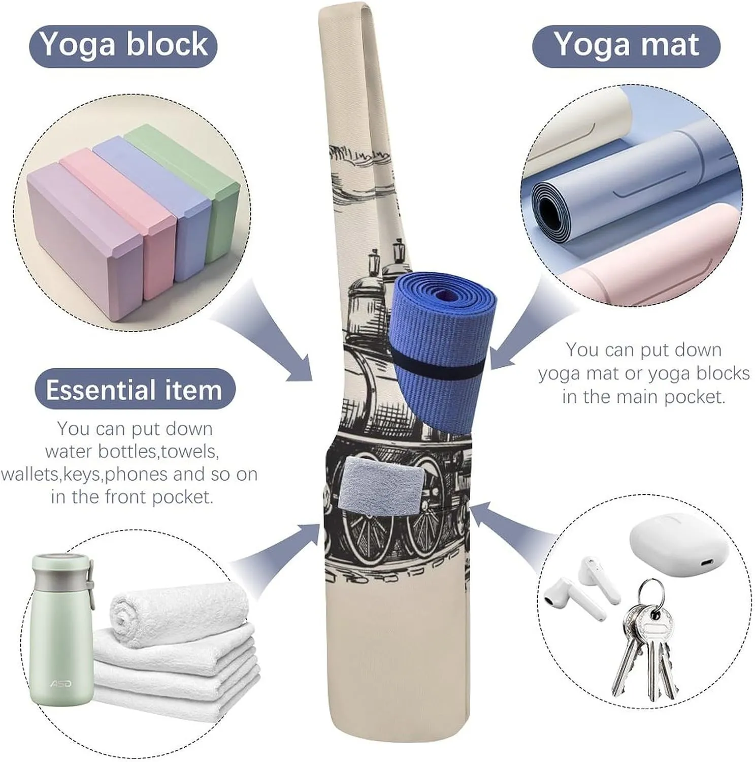 Donnapink Yoga Mat Bag, Canvas Storage Bag with Pocket Shoulder Strap, Fashion Mat Bag