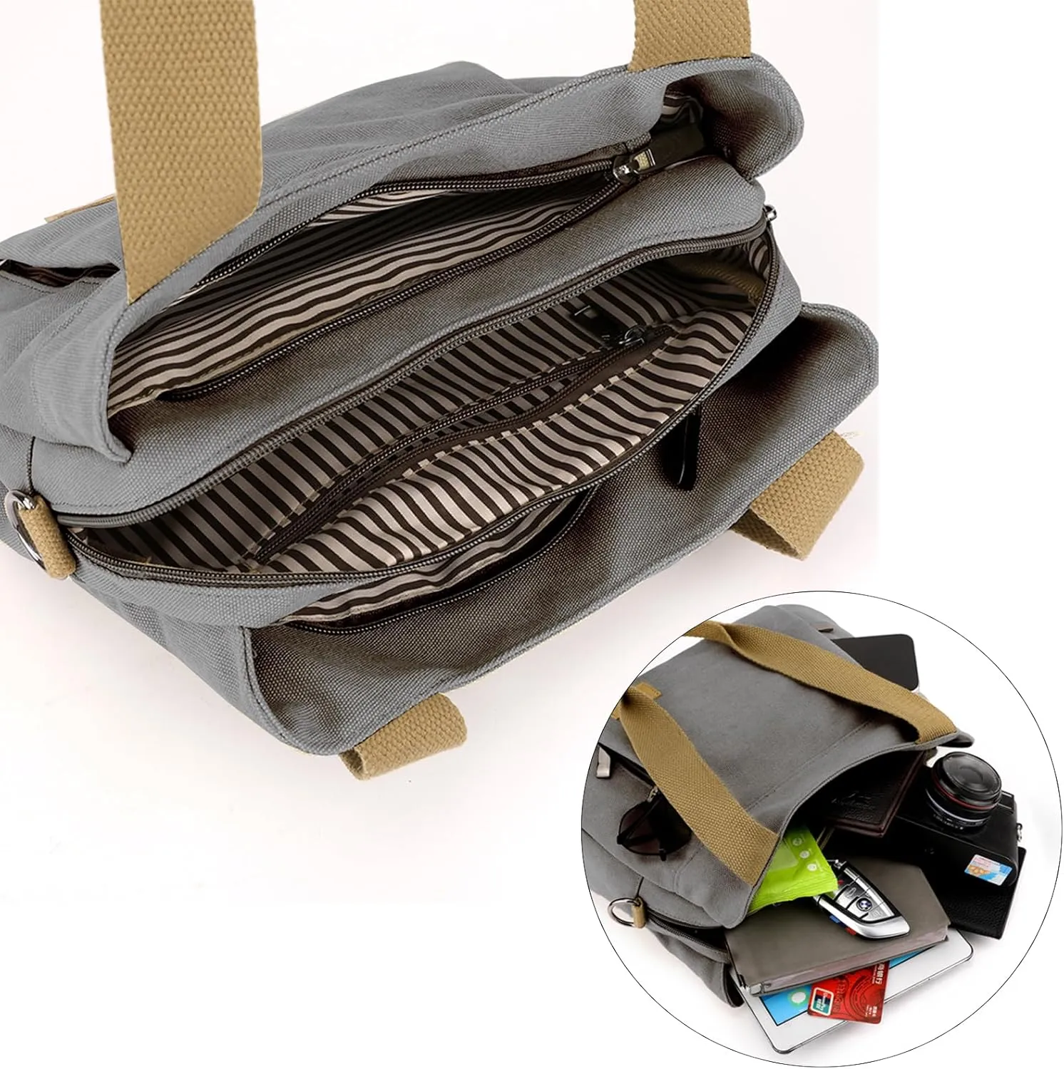 DOURR Light Cotton Canvas Crossbody Bags for Women Daily Small Organized Shoulder Handbags with 3 Compartments
