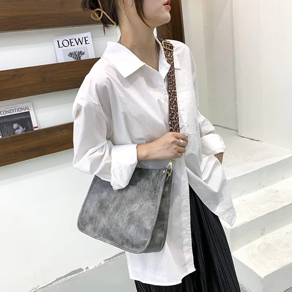 Downupdown Crossbody Bags for Women Designer Satchel Handbags Leather Purse Shoulder Bag with Leopard Print Shoulder Strap