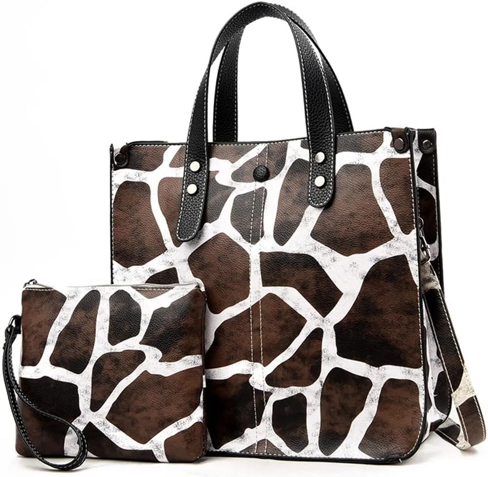 Downupdown Women Handbags and Purse Animal-print Leather Shoulder Bag Satchel Handbag Ladies Tote Bag for Work 2Pcs Set