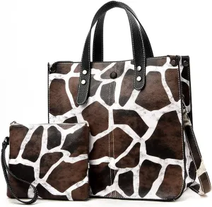 Downupdown Women Handbags and Purse Animal-print Leather Shoulder Bag Satchel Handbag Ladies Tote Bag for Work 2Pcs Set